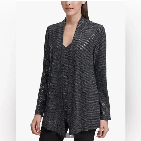 Calvin Klein Liquid Knit Sequin Blouse and Cardigan Set Women’s S Black Festive - Picture 2 of 13